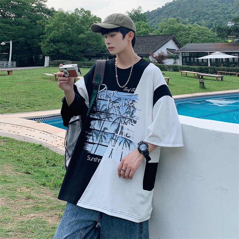 数据！设计感拼接撞色短T恤夏季宽松休闲男上衣XT228-P45控68,男装T恤,电商B370