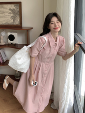 法式温柔风压褶衬衫连衣裙女2025夏季新款韩版收腰显瘦甜美a字裙，女装连衣裙，浪娴服饰