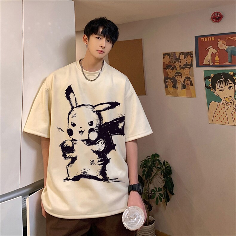 ！24夏季新款宽松大码港风皮卡丘短袖麂皮绒T恤TJ61-特p19,男装T恤,星座508（原C305）