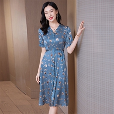 2026新款连衣裙真丝真丝正品短袖韩版中长裙女裙淑女风23010，女装连衣裙，阿舍尔精品