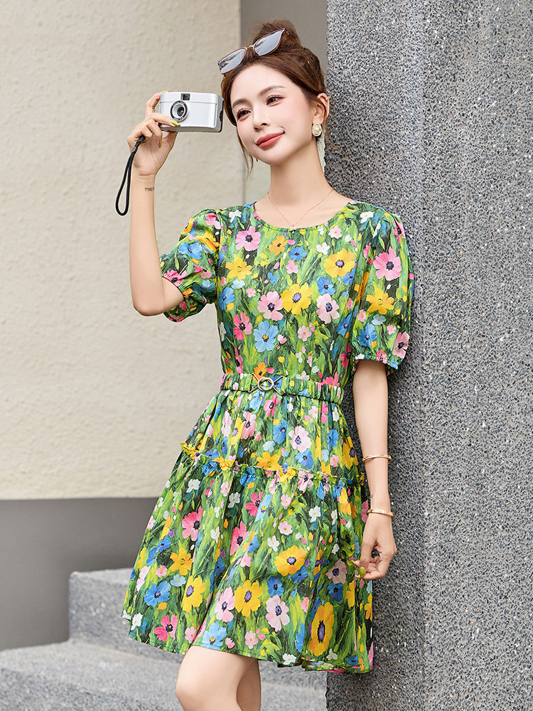 国风印花泡泡袖连衣裙女2025夏季纯棉小个子气质收腰显瘦A字短裙,女装连衣裙,美沁