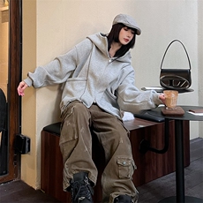 抖音得物高品质秋冬美式高街重磅结构辑明线纹理连帽卫衣外套W111，女装短外套，电商A486-1