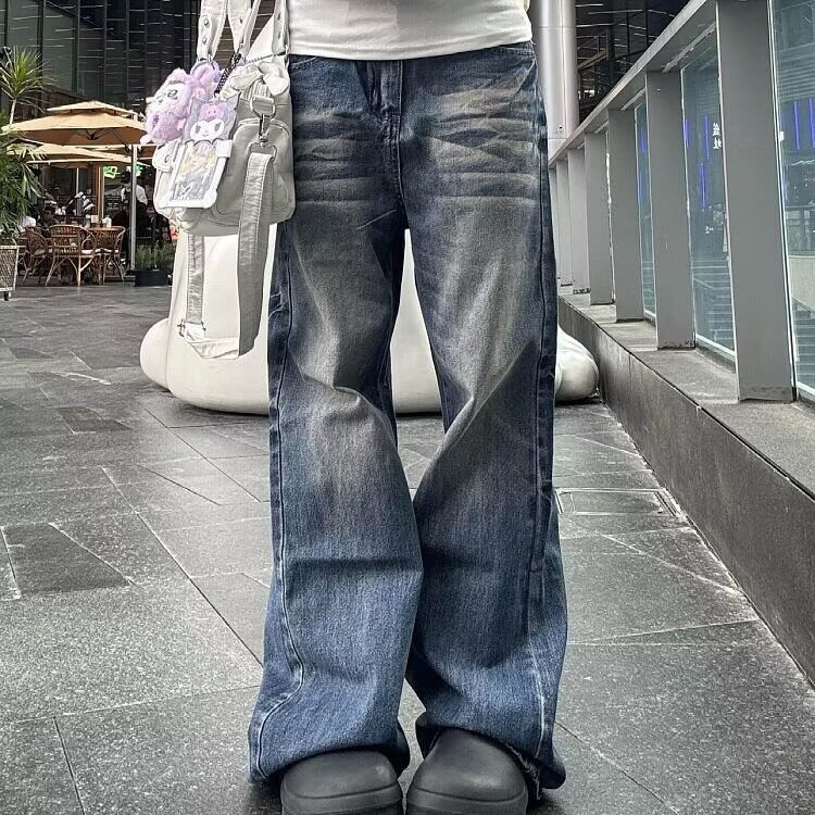 美式高街潮牌复古水洗猫须牛仔裤男宽松阔腿微喇百搭长裤子图片