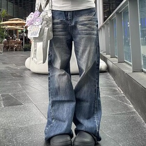 美式高街潮牌复古水洗猫须牛仔裤男宽松阔腿微喇百搭长裤子图片