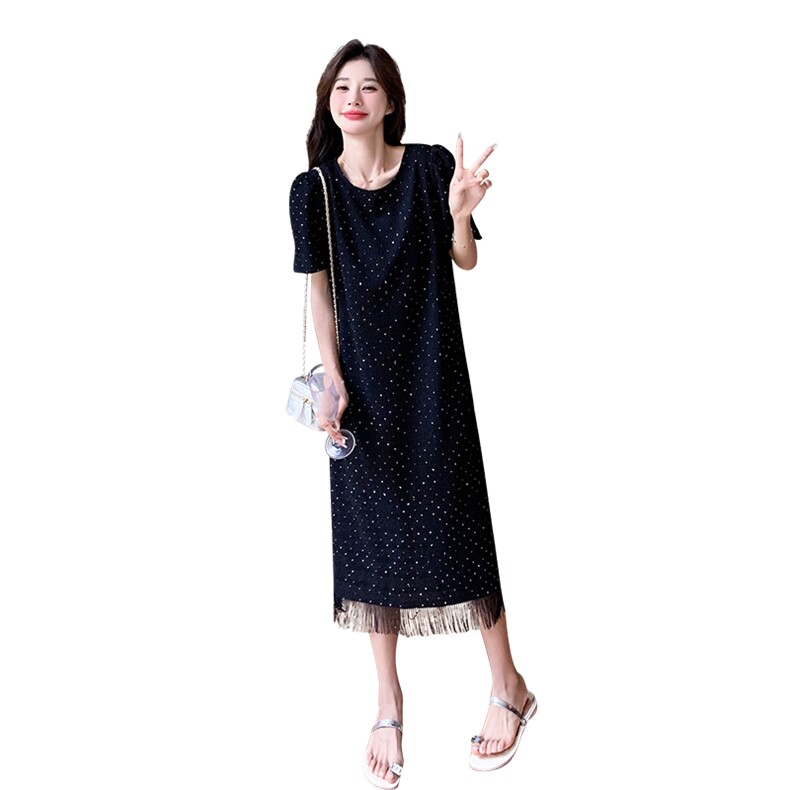 黑色流苏烫钻T恤连衣裙女夏赫本风流行小众设计减龄森系慵懒风,女装连衣裙,1D066-1