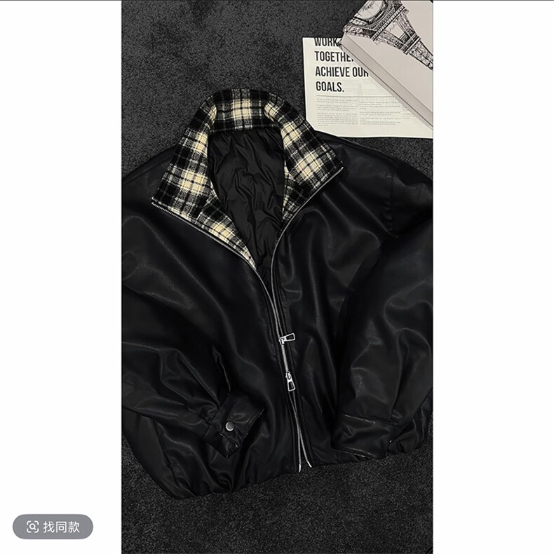 秋冬复古格子拼接加棉机车皮衣夹克棉外套男潮JK2377-P145网图,男装夹克,电商B267