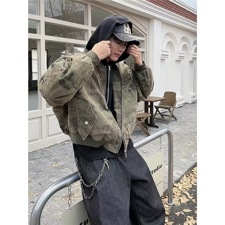 美式假两件连帽迷彩外套工装潮牌棒球服炸街飞行夹克男,男装夹克,星座410-6（原星座1304-1）
