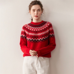 2025时尚百搭红色费尔岛圆领针织衫，女装针织衫/毛衣，朵沐纯羊绒