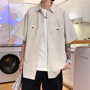 夏季潮流复古印花工装短袖日系宽松百搭翻领衬衣男衬衫 W3194-P32图片