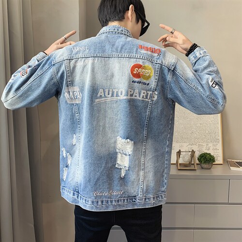 JK818-p90-限价138 现货店主风牛仔夹克肥仔量足破洞印花大码图片
