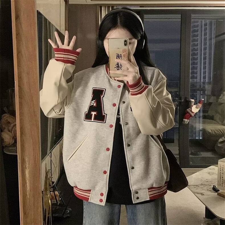 美式复古棒球服女春秋2025新款韩版宽松刺绣宽松休闲夹克JK5703图片