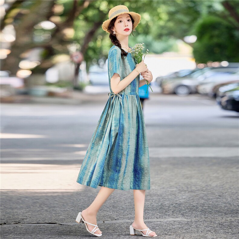 复古扎染条纹印花棉麻连衣裙女2026夏季新款宽松收腰显瘦休闲裙子,女装连衣裙,倪叶myz