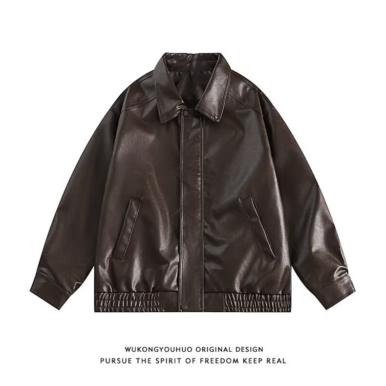 美拉德棕色皮衣外套机车服翻领复古宽松PU夹克上衣Y1023-P68网图,男装夹克,电商B245