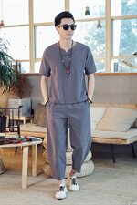 DY16*夏季2021男士棉麻短袖T恤套装长裤两件套装男灰蓝*P55，男装T恤，星座1516（原B303）