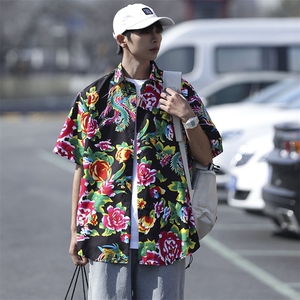 DC203男女中性风东北大花短袖衬衫衬衣外套民族风汉服团队服,财经博主穿搭男图片
