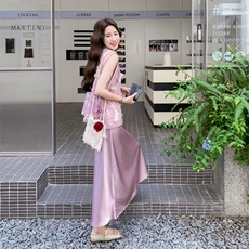 紫色新中式国风套装女2025夏新款超好看蝴蝶印花上衣吊带裙两件套，女装套装/套裙，2C266