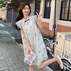 新中式甜美米白色印花连衣裙2025夏季小众独特漂亮绝美国风娃娃裙，女装连衣裙，2D078