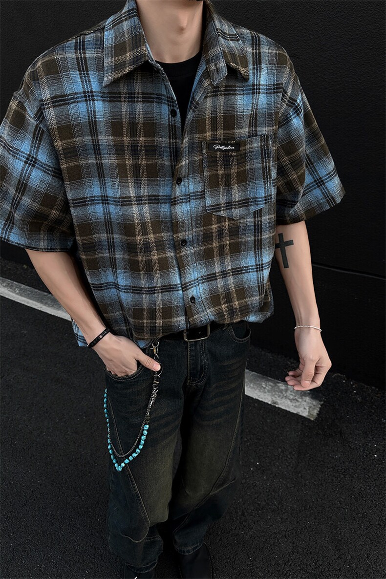 8XL-M美式格子短袖衬衫男上衣复古宽松格纹五分袖衬衣CS524P48,男装衬衫,电商D206-1