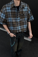 8XL-M美式格子短袖衬衫男上衣复古宽松格纹五分袖衬衣CS524P48，男装衬衫，电商D206-1