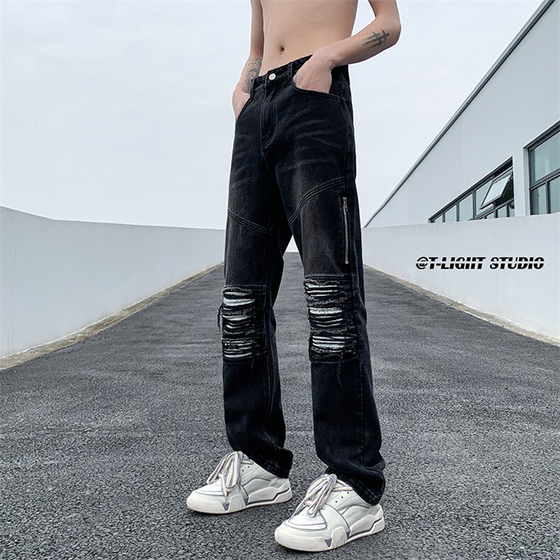 B221 美式ins高街暗黑小众拉链破洞牛仔裤 LK23052-P65 控88图片