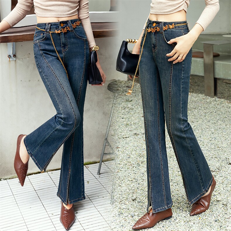 早秋薄款开叉牛仔裤女2024年夏季美式高街时尚薄款修身微喇叭裤子，女装牛仔裤，江南女神
