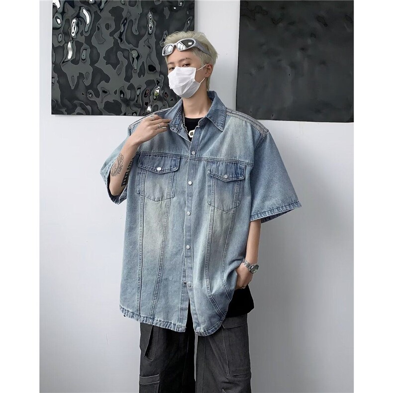 DM989-P60夏季水洗短袖衬衫男款美式潮流痞帅宽松休闲百搭衬衣,男装衬衫,星座603-2