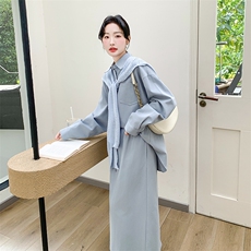 蓝色披肩衬衫套装裙女春秋2025新款流行松驰感两件套爆款超火流行，女装套装/套裙，2C108