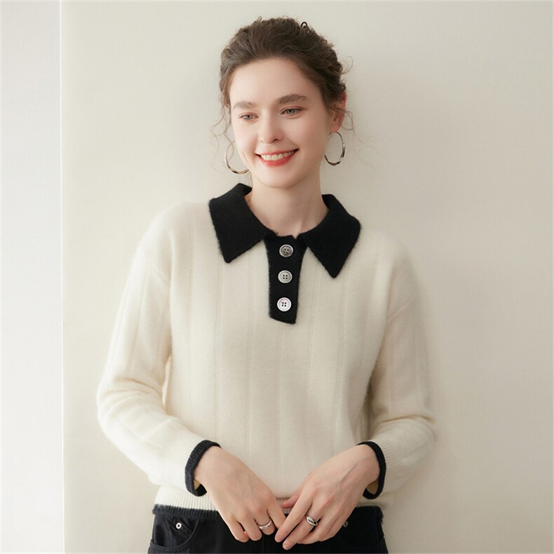 2025年秋季新款双股撞色POLO领针织上衣时尚休闲通勤，女装羊绒衫，澳煜绒