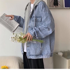 假两件牛仔外套男春秋季潮牌设计感夹克韩版潮流帅气百搭连帽上衣，男装工装外套，星座1210-1