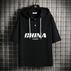 LD54001-P45 连帽短袖t恤男大码胖子带帽五分袖中袖 网格挂拍图片