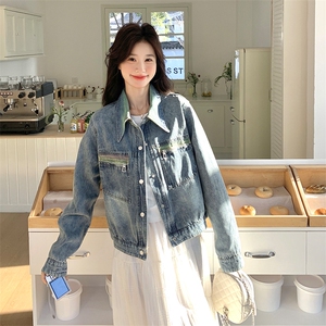 韩版复古渐变色翻领牛仔外套女2025年春秋季新款显瘦流行夹克上衣图片