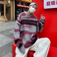 美式潮撞色条纹慵懒风男冬季宽松复古新款马海毛针织毛衣，男装针织衫/毛衣，星座716-3