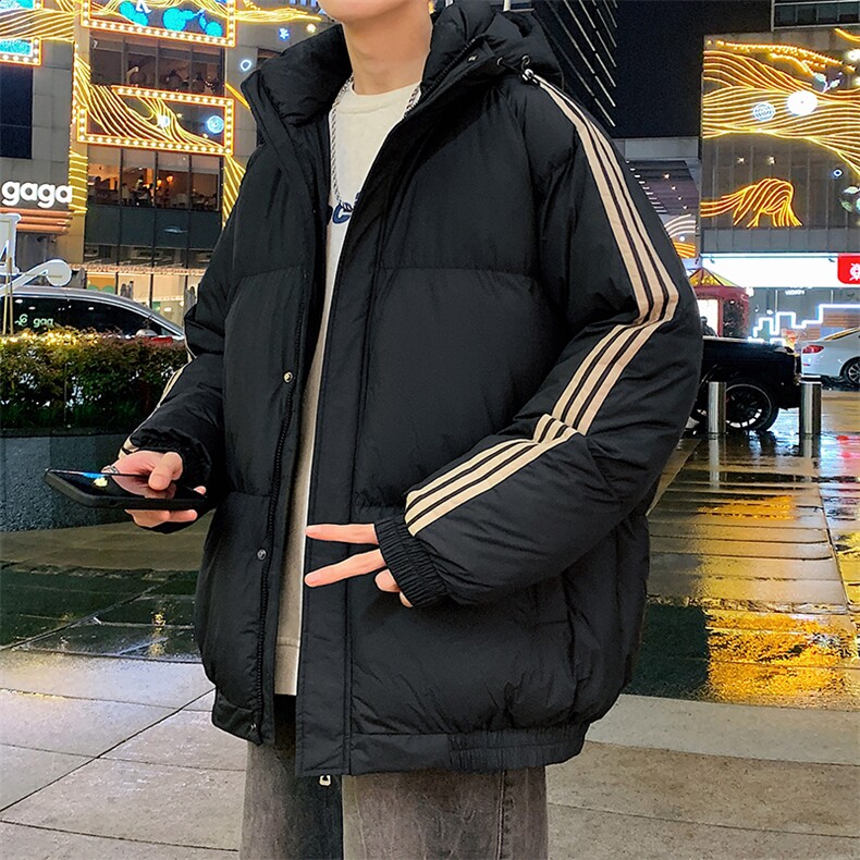 冬季港风三条杠撞色连帽棉衣加绒加厚拼色加厚棉衣外套MY6088P90，男装棉衣，电商A128