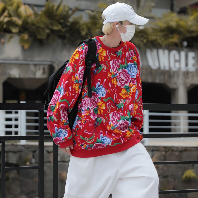 B203秋冬套头圆领东北大花风民族特色加绒保暖卫衣小衫男女潮，男装卫衣，星座115A(原星座507）