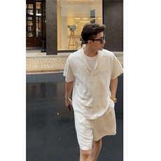白灰色假两件v领短袖短裤套装男款轻奢新贵慵懒松弛感穿搭一整套，男装休闲套装，电商C313