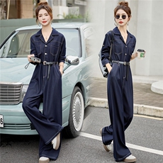 （新款现货）2026春装时尚西装领天丝牛仔阔腿连体裤（配腰带），女装连体裤，印象茜