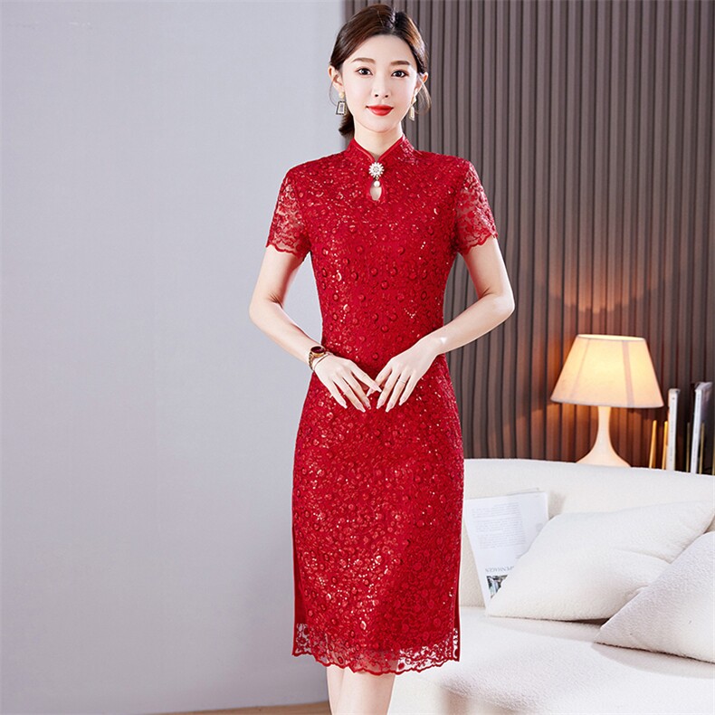 2025春夏季新款绣品蕾丝喜婆婆修身中长款婚礼旗袍连衣裙,女装汉服/婚纱/旗袍/礼服,小荷流