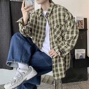 21秋新款港风ins长袖格子衬衫学生衬衣小清新外套男中性H210/P45,男装衬衫,钱塘713