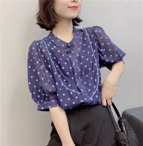 欧洲站2021夏季新款欧货女装宽松波点雪纺衫女泡泡袖洋气上衣图片
