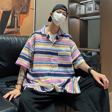 夏季高级感垫肩短袖T恤男解构拼接纽扣设计感韩版简约上衣潮，男装T恤，星座716-4