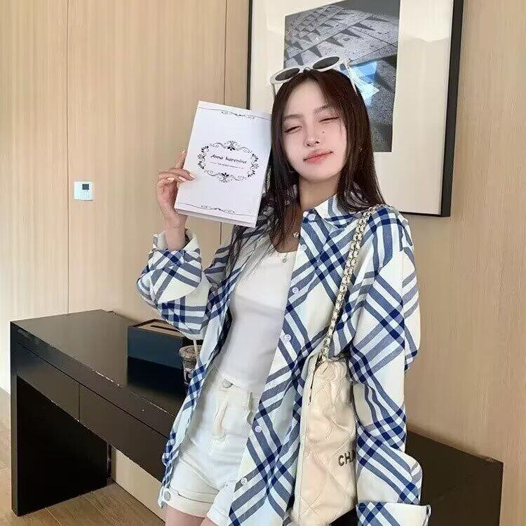 韩版气质拼色蓝白格纹衬衫女春夏宽松百搭新款衬衣超好看上衣外套,男装衬衫,星座1210-1