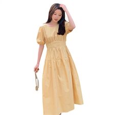 2025夏装新款中长款修身显瘦短袖连衣裙修身圆领裙子女装长裙甜美，女装连衣裙，红依娜