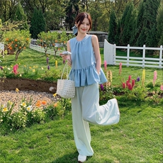 设计感荷叶边马甲背心套装女2025夏季一整套ootd穿搭阔腿裤两件套，女装套装/套裙，2C135