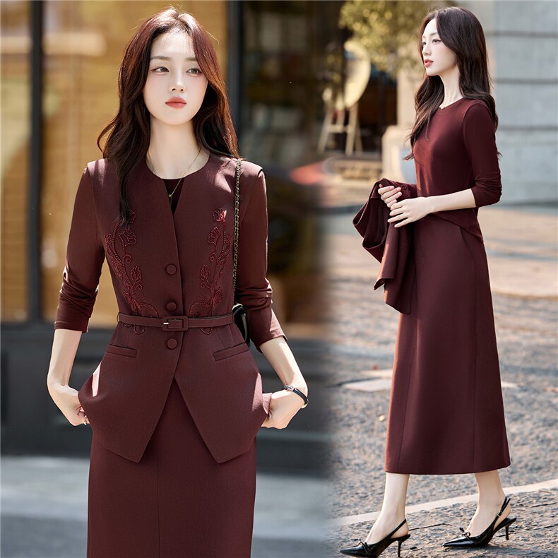 红色轻熟风气质套装裙女2025秋冬季收腰显瘦钉珠马甲半身裙三件套，女装套装/套裙，魅家