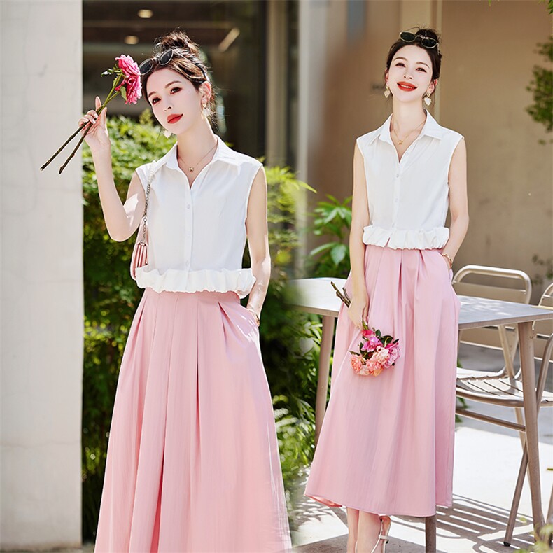 2026年新款夏季裙子女粉色垂感显瘦a字中长款高腰百褶裙半身裙，女装套装/套裙，尚洛菲