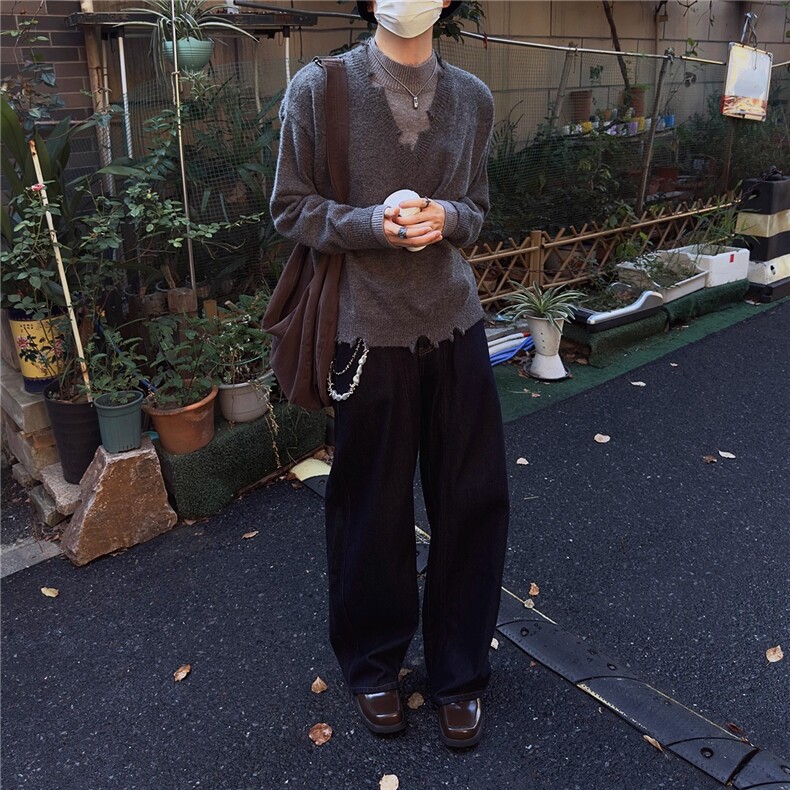 美式复古拼色毛边设计感假两件针织毛衣男女雅感情侣毛衫秋,男装针织衫/毛衣,四季星座505