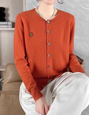 单排扣纯色圆领长袖2024年秋季时尚气质针织衫，女装羊毛衫，百纯羊绒