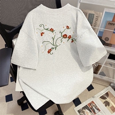 国潮花卉刺绣短袖T恤男款cleanfit夏季新款潮牌情侣小领口半截袖，男装T恤，电商A486