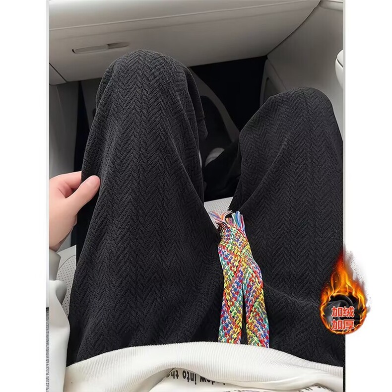 麦穗纹提花裤子男款秋冬设计感加绒加厚卫裤垂坠感直筒阔腿休闲裤,男装休闲裤,四季星座505