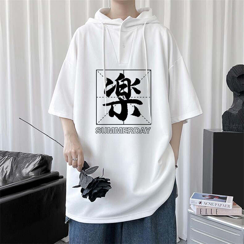 LD54197-P45连帽短袖t恤男大码胖子带帽五分袖中袖,男装T恤,电商A040